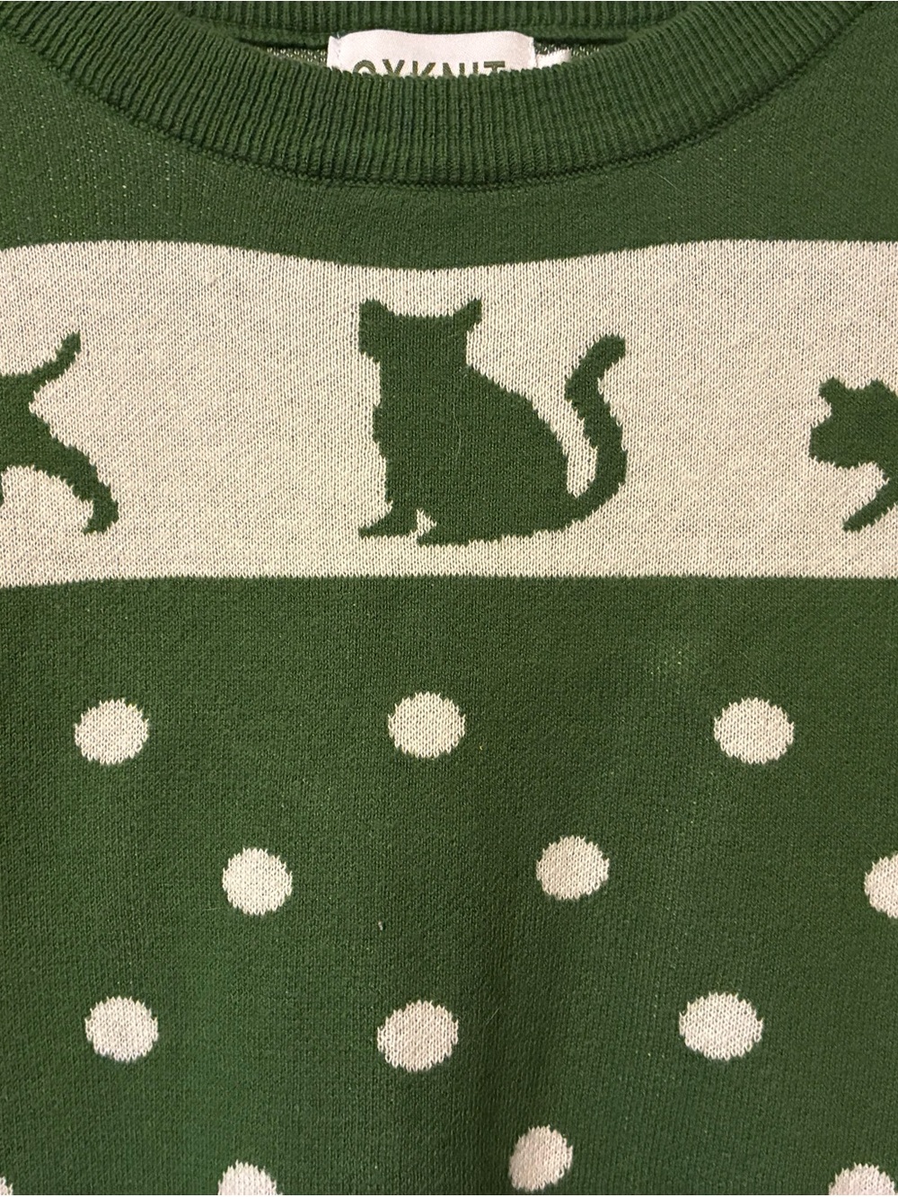 Oxknit Green Crewneck Sweater with White Cat Motif - Picture 2 of 3